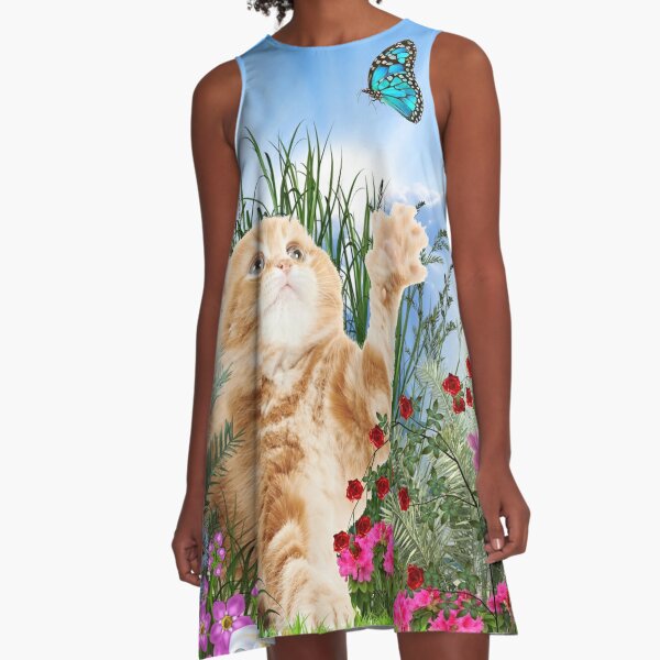 Ginger kitty playing with a butterfly A-Line Dress