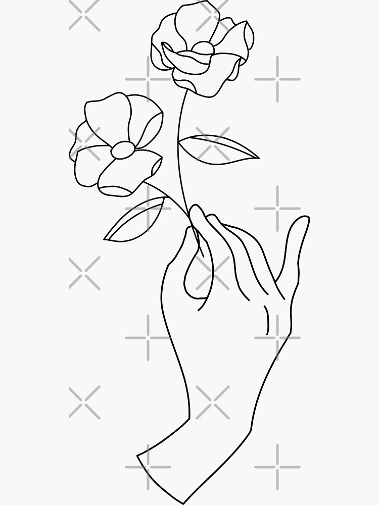 Hand Holding Flowers Line Art Sticker By Coolestcool Redbubble