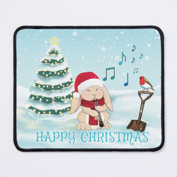 Item preview, Christmas Bunny Playing Oboe, with Tree and Robin - Happy Christmas designed and sold by Jazznote.
