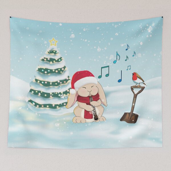 Item preview, Christmas Oboe Playing Bunny with Tree and Robin designed and sold by Jazznote.