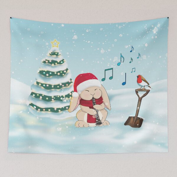 Item preview, Christmas Clarinet Playing Bunny with Tree and Robin designed and sold by Jazznote.