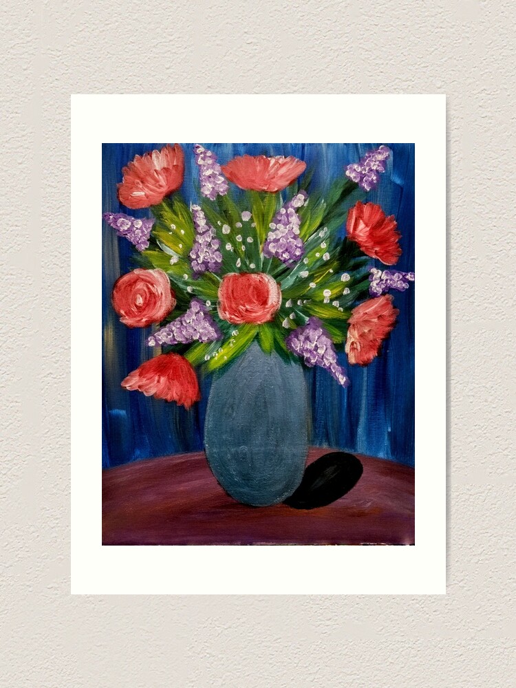 Alternate view of Some mixed flowers with red roses In a metallic baby blue vase Art Print