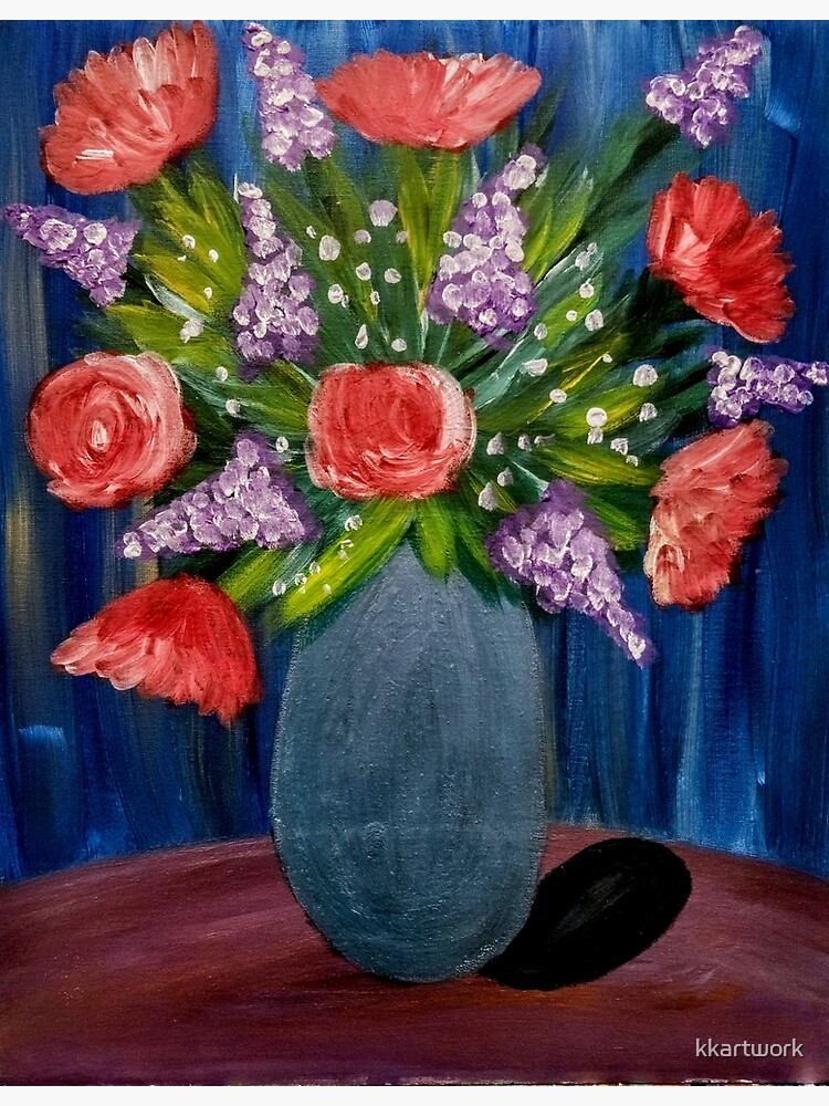 Some mixed flowers with red roses In a metallic baby blue vase by kkartwork