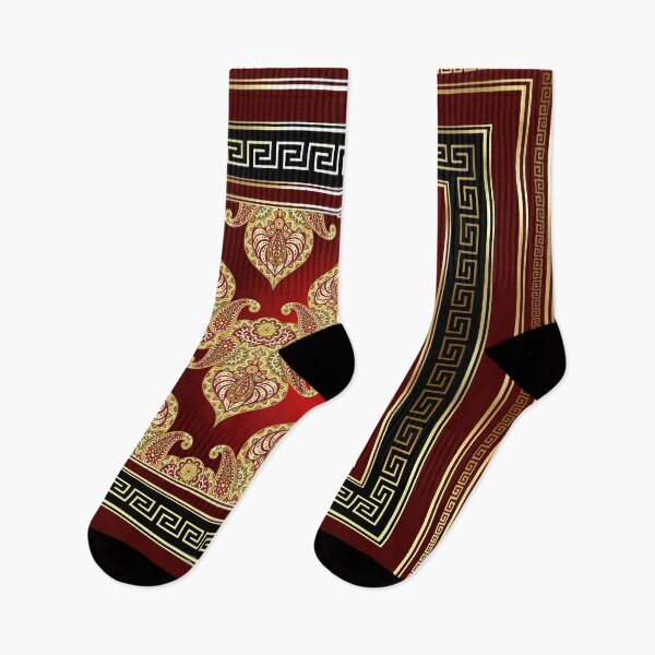 Aperçu de l'œuvre Greek Key Maroon Rouge Or Noir Floral Paisley créée et vendue par Yiorgos Designs.