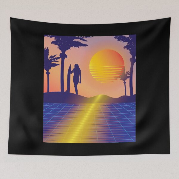 Item preview, Retro 80s Hawaii Beach with a Surfer Girl and Palm Trees graphic designed and sold by D-C-Designs.