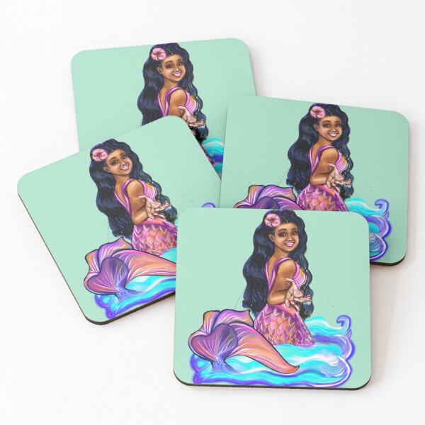 Item preview, Mermaid Pacific princess  with rainbow coloured colored fins, hibiscus, outstretched  arm, brown eyes, Curly hair  and caramel brown skin - light background designed and sold by Artonmytee.