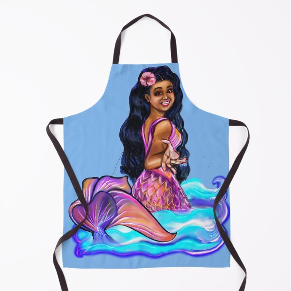 Item preview, Mermaid Pacific princess with rainbow coloured colored fins, hibiscus, outstretched arm, brown eyes, Curly hair and caramel brown skin - light background designed and sold by Artonmytee.
