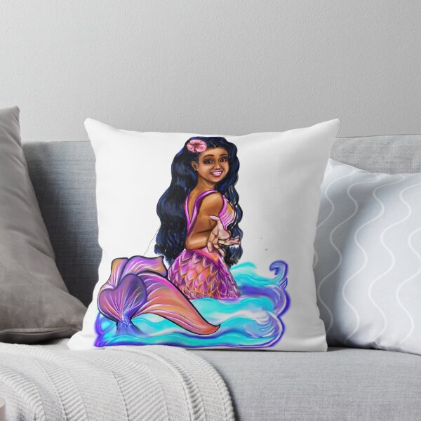 Item preview, Mermaid Pacific princess  with rainbow coloured colored fins, hibiscus, outstretched  arm, brown eyes, Curly hair  and caramel brown skin - light background designed and sold by Artonmytee.