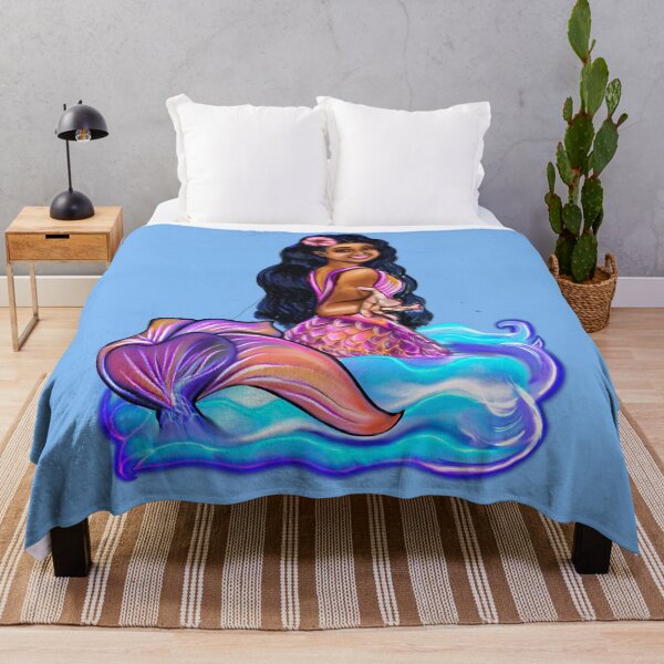 Item preview, Mermaid Pacific princess  with rainbow coloured colored fins, hibiscus, outstretched  arm, brown eyes, Curly hair  and caramel brown skin - light background designed and sold by Artonmytee.