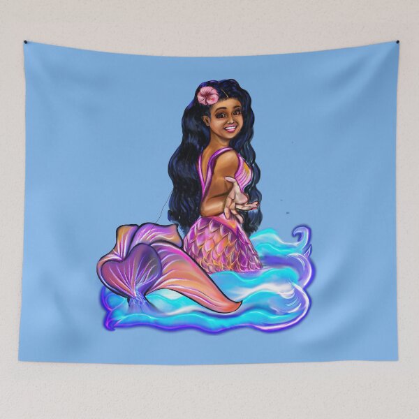 Item preview, Mermaid Pacific princess  with rainbow coloured colored fins, hibiscus, outstretched  arm, brown eyes, Curly hair  and caramel brown skin - light background designed and sold by Artonmytee.
