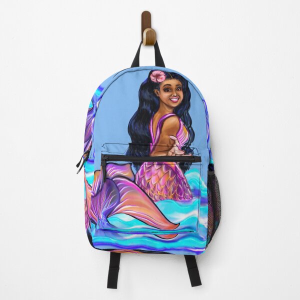 Item preview, Mermaid Pacific princess  with rainbow coloured colored fins, hibiscus, outstretched  arm, brown eyes, Curly hair  and caramel brown skin - light background designed and sold by Artonmytee.