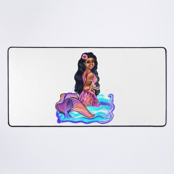 Item preview, Mermaid Pacific princess  with rainbow coloured colored fins, hibiscus, outstretched  arm, brown eyes, Curly hair  and caramel brown skin - light background designed and sold by Artonmytee.