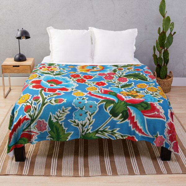 Oaxaca colorful flowers mexican style blue embroidery Throw Blanket