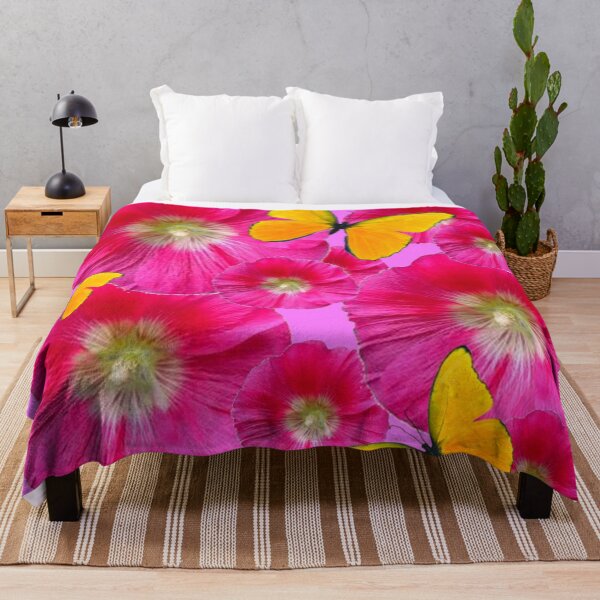 Item preview, GOLDEN BUTTERFLIES PINK HOLLYHOCK FLOWERS ABSTRACT PINK ART designed and sold by sharlesart.