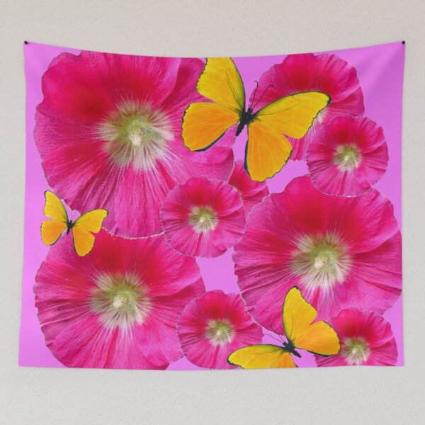 Item preview, GOLDEN BUTTERFLIES PINK HOLLYHOCK FLOWERS ABSTRACT PINK ART designed and sold by sharlesart.