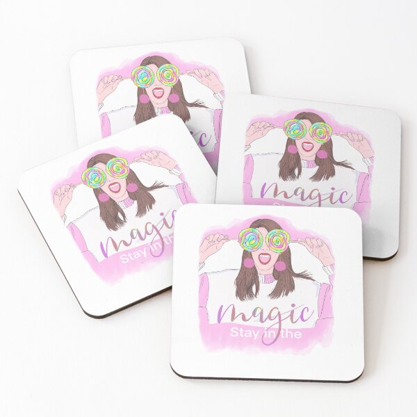 Item preview, Stay In The Magic Watercolor  long brown hair girl with two colorful lolipops covering her eyes pompon earrings pink and white sweather red lips designed and sold by expresivedesign.