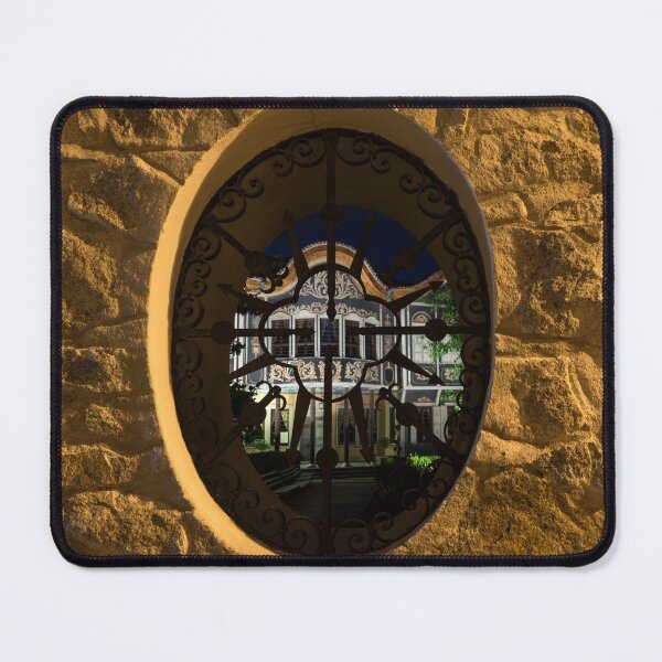 Item preview, Illuminated Night View - Magnificent Revival House Through a Fence Window designed and sold by Georgia Mizuleva.