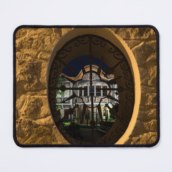 Item preview, Illuminated Night View - Beautiful Revival House Through a Fence Window designed and sold by Georgia Mizuleva.