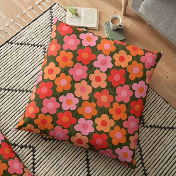 Flowerfull on Olive (happy boho retro floral pattern) Floor Pillow