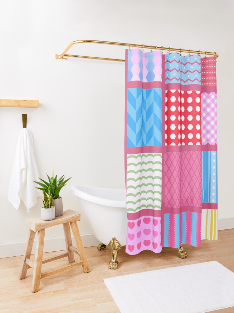 Alternate view of Patchwork Stripe Polka Dot Quilt Chevron Print Shower Curtain