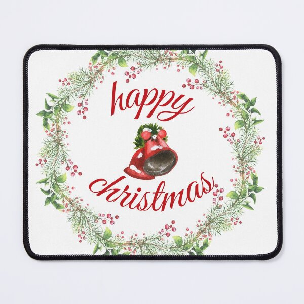 Item preview, Happy Christmas watercolor traditional floral wreath & bells designed and sold by TheSeasonalYard.