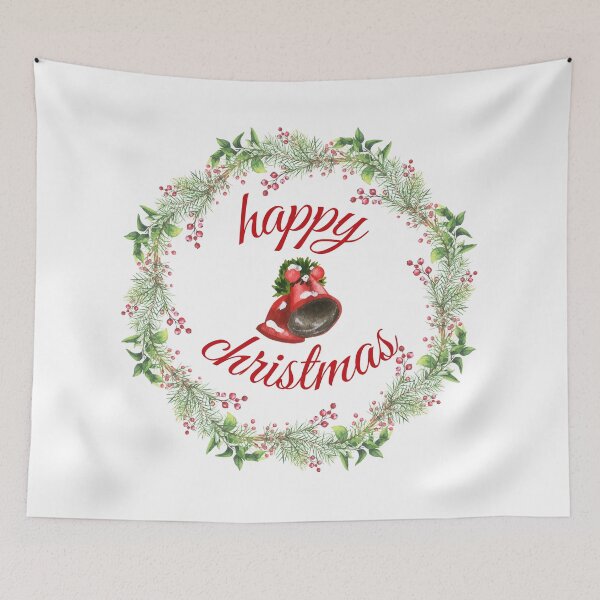 Item preview, Happy Christmas watercolor traditional floral wreath & bells designed and sold by TheSeasonalYard.
