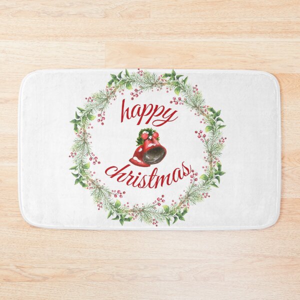 Item preview, Happy Christmas watercolor traditional floral wreath & bells designed and sold by TheSeasonalYard.