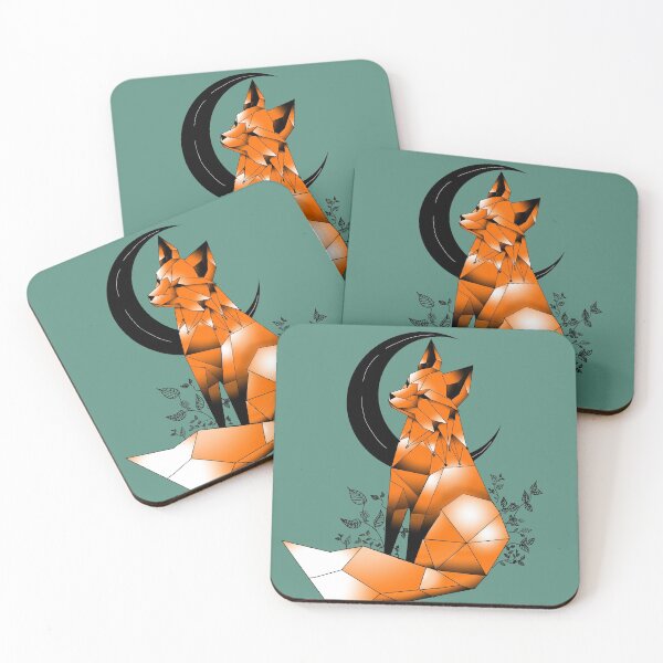 Item preview, Geometric Fox with crescent Moon and leaves green background  designed and sold by DemonicGloom.