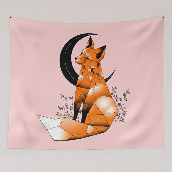Item preview, Geometric Fox with crescent Moon and leaves light pink background  designed and sold by DemonicGloom.