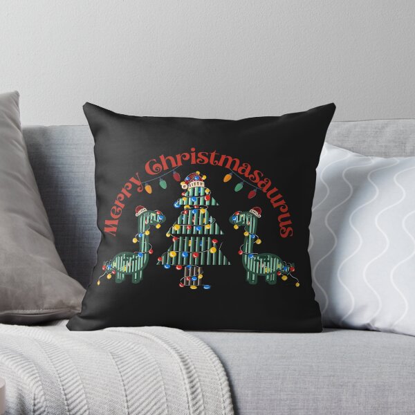 Merry Christmasaurus Black Version - Christmas Tree Rex With Colorful Xmas Lights Blue Red Yellow Throw Pillow