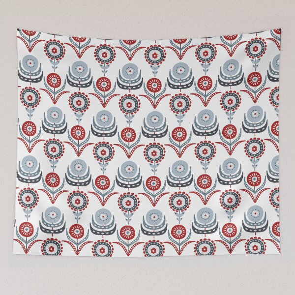 Item preview, Scandinavian traditional vintage floral pattern blue red designed and sold by PG Illustration.