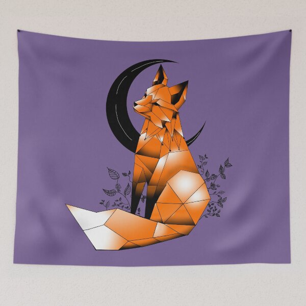 Item preview, Geometric Fox with crescent Moon and leaves purple background  designed and sold by DemonicGloom.