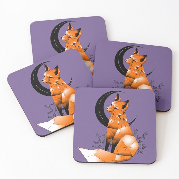 Item preview, Geometric Fox with crescent Moon and leaves purple background  designed and sold by DemonicGloom.