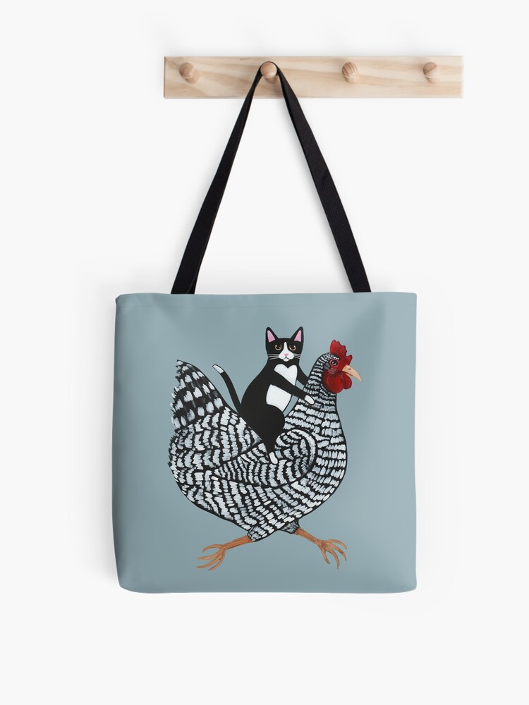 Thumbnail 1 of 2, Tote Bag, Tuxedo Cat Chicken Ride designed and sold by kilkennycat.