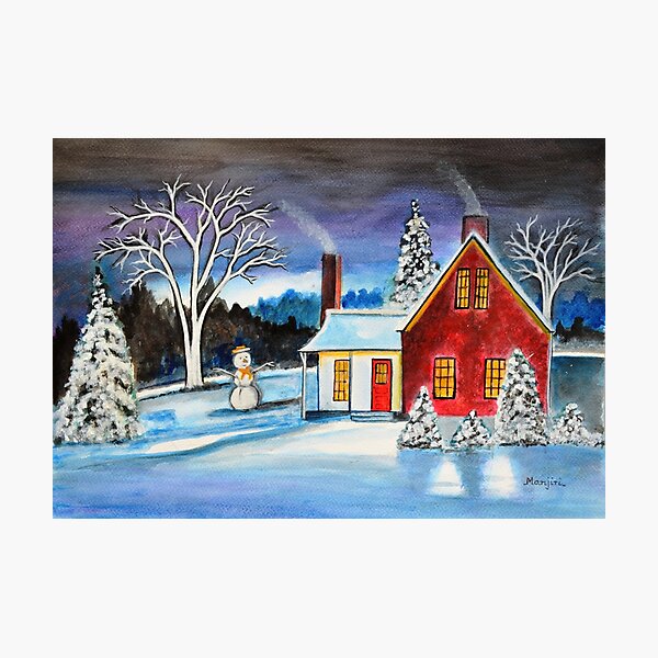 Item preview, Winter Cottage with snowman Holiday art designed and sold by artbymanjiri.