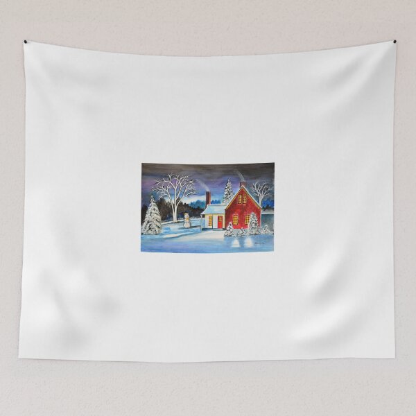 Item preview, Winter Cottage with snowman Holiday art designed and sold by artbymanjiri.