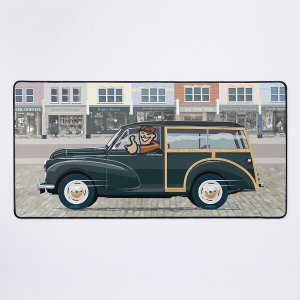 Black Morris Minor Traveller (left hand drive) Desk Mat
