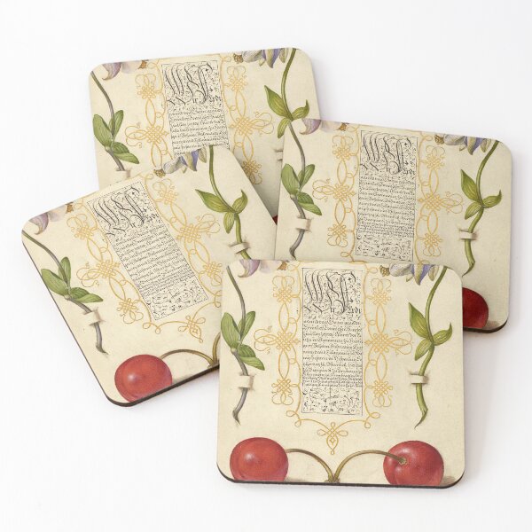 Item preview, Naturalist Manuscript: Flowers, Fruits and Calligraphy Illumination - European Columbines and Sweet Cherry by Joris Hoefnagel designed and sold by Naturalist Prints.