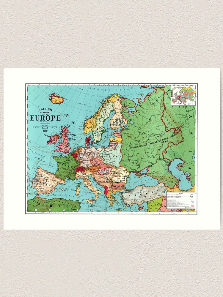 1925 Map of Europe Poster - Vintage Standard Map of Europ Wall Art Decor  Print