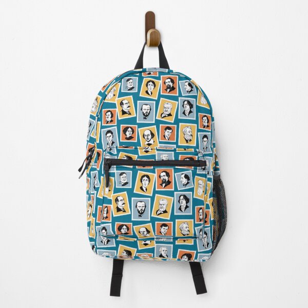 Item preview, Pattern with great writers on stamps (in blue, grey, ochre and terracotta) designed and sold by Irina Ivanova.