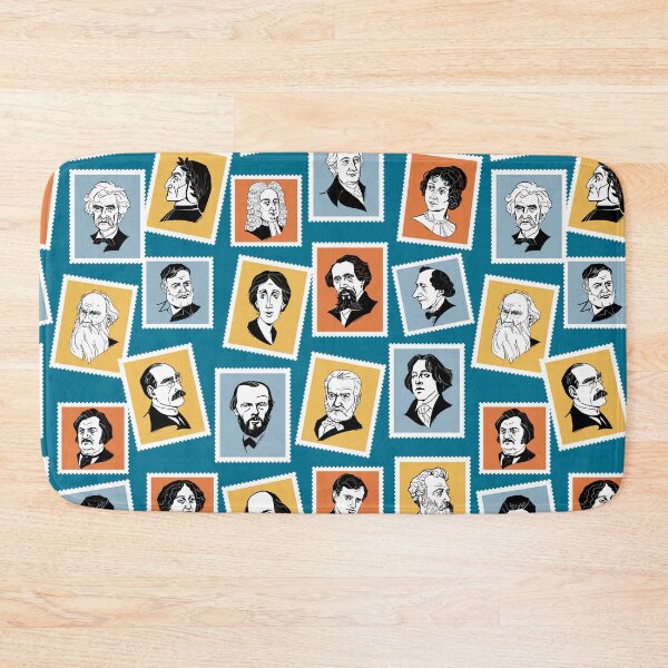 Item preview, Pattern with great writers on stamps (in blue, grey, ochre and terracotta) designed and sold by Irina Ivanova.