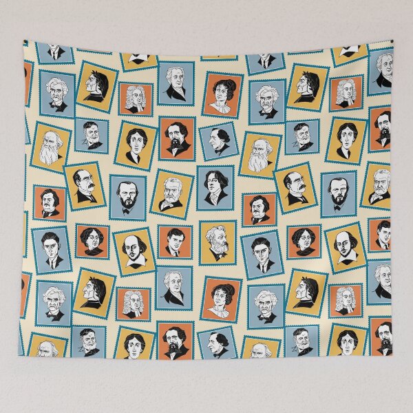 Item preview, Pattern with great writers on stamps (ochre, grey and terracotta) designed and sold by Irina Ivanova.