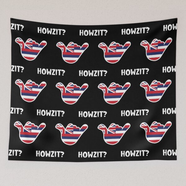 Artikelvorschau, Howzit? Hawaiianischer Gruß und Shaka-Zeichen mit der Flagge von Hawaii darin entworfen und verkauft von robimerch.