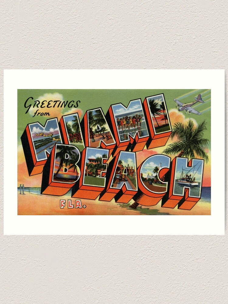 "Fifties style Greetings from Miami Beach" Art Print by Redbubble