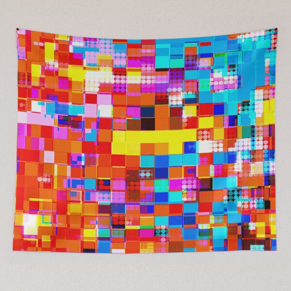 Item preview, graphic design geometric circle pattern and square pattern abstract background in red pink blue yellow designed and sold by Mrvell.