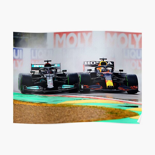 Max Verstappen fighting with Lewis Hamilton during the 2021 Grand Prix at Imola Poster