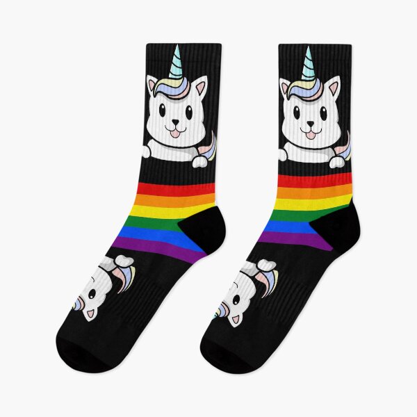 Item preview, Cute Funny Cat Corn Meow Peeking Smiling Unicorn Rainbow Socks designed and sold by Dr.YesOrNo.
