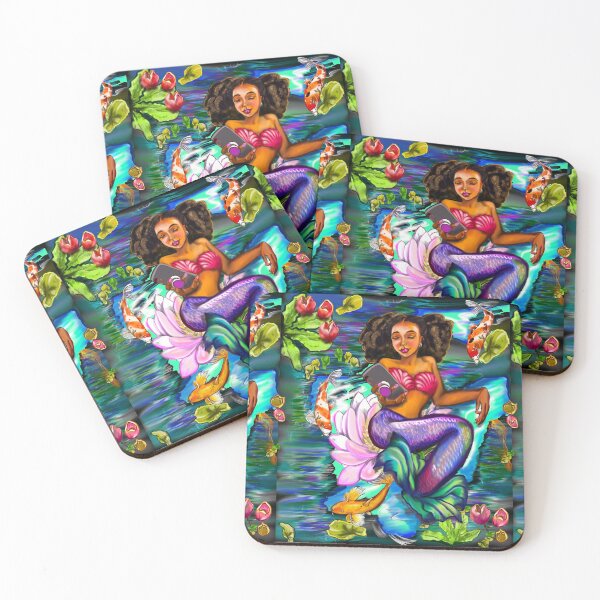 Item preview, Mermaid checking her phone ii with Koi fish in koi pond with plants and flowers designed and sold by Artonmytee.