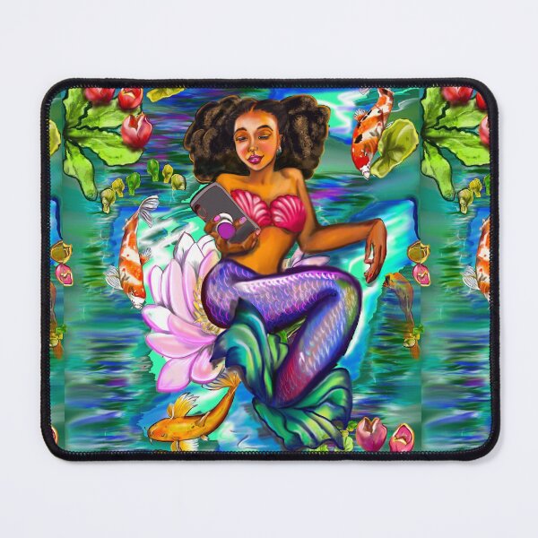 Item preview, Mermaid checking her phone ii with Koi fish in koi pond with plants and flowers designed and sold by Artonmytee.
