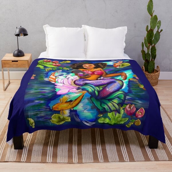 Item preview, Mermaid checking her phone ii with Koi fish in koi pond with plants and flowers designed and sold by Artonmytee.